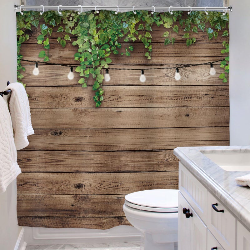 Riyidecor Extra Wide Wooden Clawfoot Tub Fabric Shower Curtain 108Wx72H Inch Rustic Wood Green Leaves 18 Pack Metal Hooks Western Farmhouse Brown Wall Board Bathroom Home Decor Waterproof Polyester - Image 4